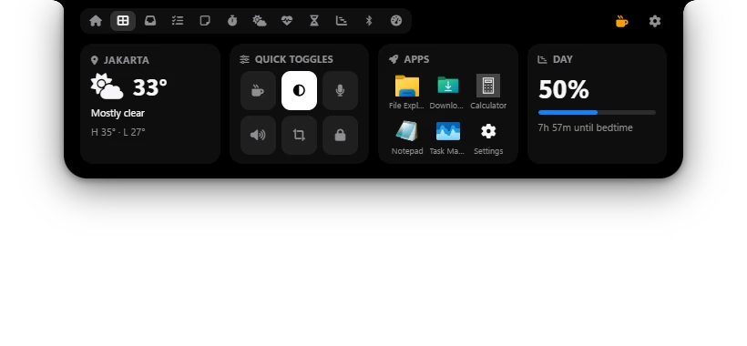 Dashboard Poni: cuaca, tombol cepat, dan app launcher